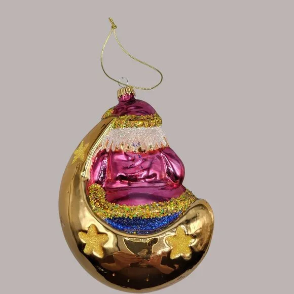 Vintage Hand Blown Glass Christmas Ornament Santa Claus On Moon Holiday Decor - Picture 5 of 7